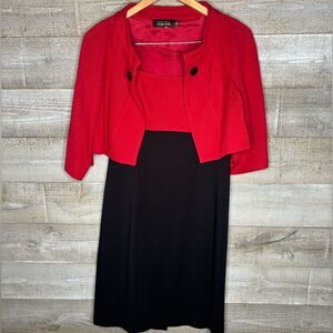 Rickie Freeman Teri Jon 6 100% wool red black skirt jacket 2 piece set career
